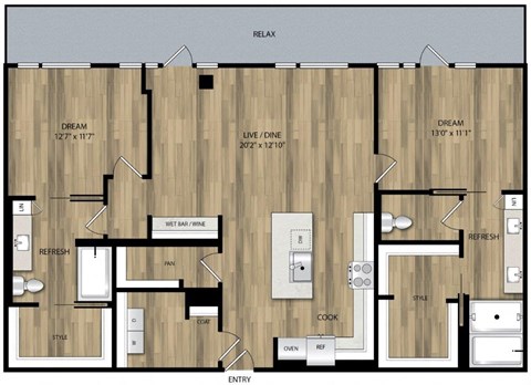 Floor plan for 2 beds, 2 baths, 1327 sqft